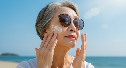 Senior woman applying sunscreen on face at beach