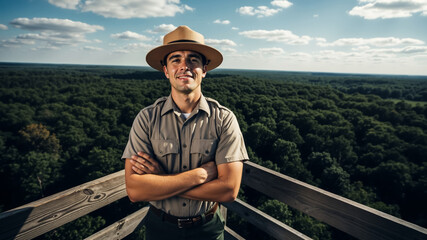 Confident park ranger in uniform stands on an observation tower overlooking a vast forest. Male conservation officer at a national park. Environmental stewardship and profession concept.