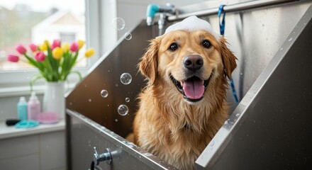 Happy golden retriever dog in wash station with soap bubbles