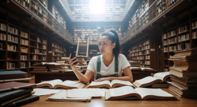 Distracted Asian student using a smartphone while studying in a traditional library. Young woman surrounded by books looks at her phone with a confused expression. - Powered by Adobe