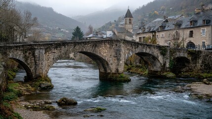 Fototapeta premium Old stone bridge over river in village