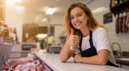Happy female employee at a delicatessen giving a thumbs up. Small business owner smiling behind the counter. Excellent customer service concept.