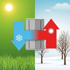 visual diagram of a heat pump, illustrating its dual function of cooling in the summer and heating in the winter. The image highlights energy efficiency and all-season climate control.