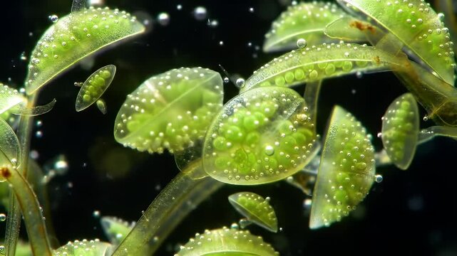 Dynamic Scene of Bladderwort Plants with Air Bubbles in Freshwater Habitat with Transparent Stems and Green Traps with Dotted Patterns Illuminated by Bright Lighting