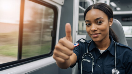 Confident Black female paramedic gives a thumbs up inside an ambulance. Professional healthcare worker portrait. Emergency medical services concept.