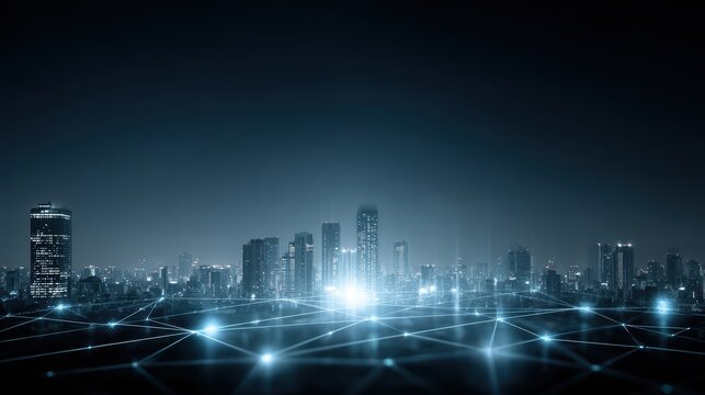 Networked Cityscape: Digital Connection, Skyline, Night