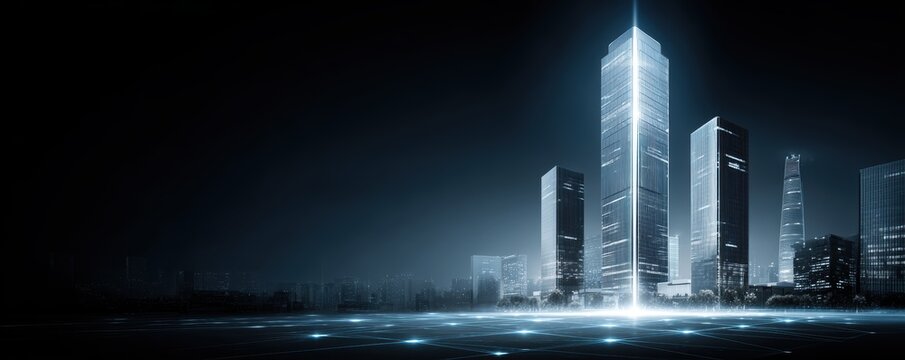 Futuristic Cityscape: Modern Buildings, Technology Network