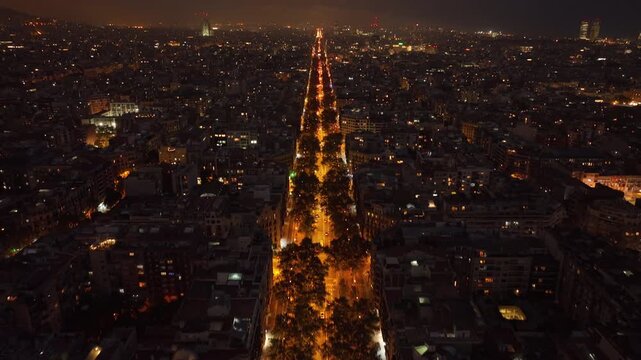 night illumination barcelona city canter traffic street alley aerial panorama 4k spain