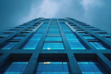 Modern skyscraper facade viewed from below, against a dramatic sky