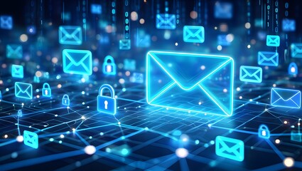 A blue and white image of a computer screen with many different icons, including an envelope and a lock