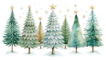 Obraz premium Watercolor illustration of a row of decorated christmas trees with stars on white background