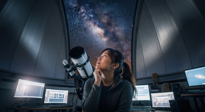 Female astronomer in an observatory looking at the Milky Way galaxy. Scientist working with a professional telescope for space research. Science and discovery concept.