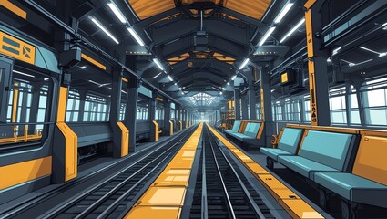Fototapeta premium Futuristic Train Station Platform: A Digital Artwork Depicting a Modern Subway Platform with Trains and Benches, Highlighting a Sleek and Technological Design