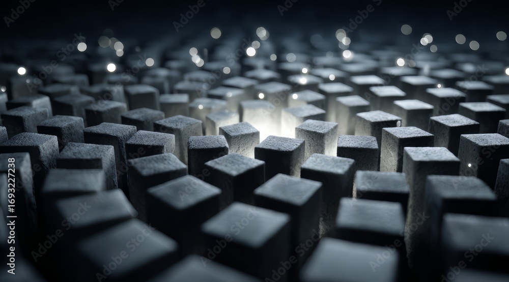 Poster close up of a black and white image of a bunch of cubes. the cubes are all different sizes. the imag