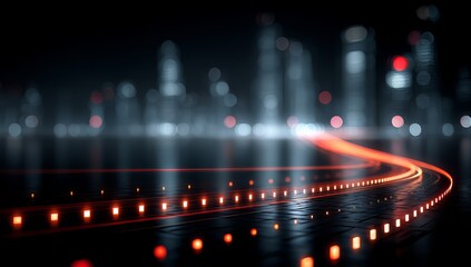 City skyline with a long road in the middle. The road is lit up with bright lights, creating a sense of movement