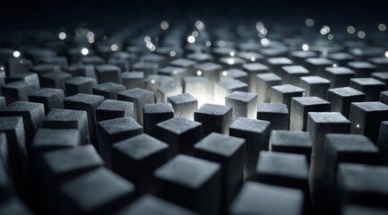 Obraz premium Close up of a black and white image of a bunch of cubes. The cubes are all different sizes. The image has a minimalist