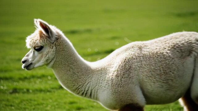 Close Up Portrait of a White Alpaca Grazing in a Green Meadow Under Bright Sunlight with Soft Focus Background On A Sunny Day