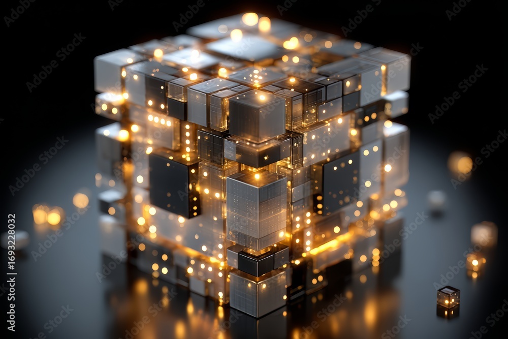 Poster cube made of small cubes with a light shining on it. the cube is made of different colored cubes and