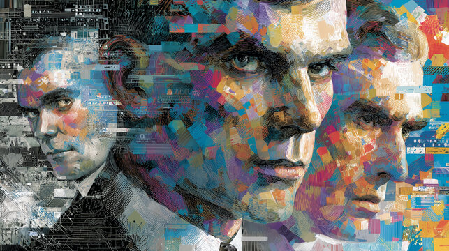 Conceptual illustration of Alan Turing, John von Neumann, and Claude Shannon surrounded by symbolic elements of information theory, Turing&acirc;s universal machine, binary code, and ear