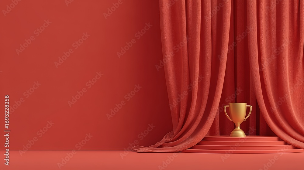 Poster gold trophy sits on a red carpet in front of a red wall. the scene is set in a room with red curtain