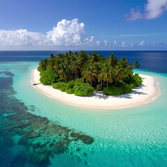 Tropical island paradise with white sand beach, lush vegetation, and vibrant turquoise water