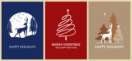 Set of New Year and Christmas greeting with winter elements.  Posters, linear icons, minimal corporate design templates, invitations. Vector illustration.
