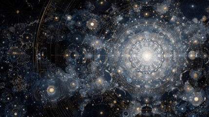 Abstract visualization of philosophical and mathematical ideas shaping AI: algorithms, formal logic systems, probability theory, game theory, and neural networks intertwined with e