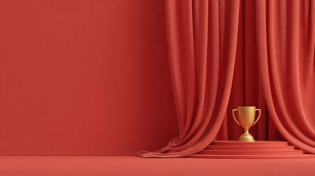 Gold trophy sits on a red carpet in front of a red wall. The scene is set in a room with red curtains