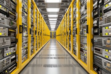 Long yellow room with many computer servers. The room is very bright and the servers are all yellow