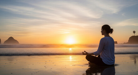 Woman Meditating on Beach at Sunset, Peace, Serenity, Yoga, Relaxing, Calmness