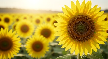 Fototapeta premium Yellow Sunflower Blossoming in Field, Golden Light, Summer