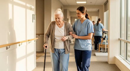 Nurse assisting senior woman walking with cane in nursing home hallway