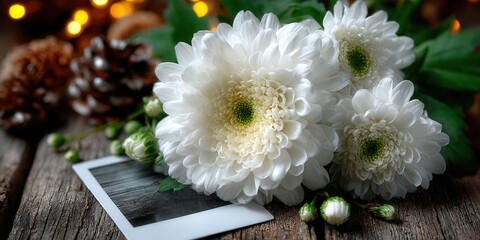A beautiful arrangement of white chrysanthemums rests on a wooden surface with a polaroid.