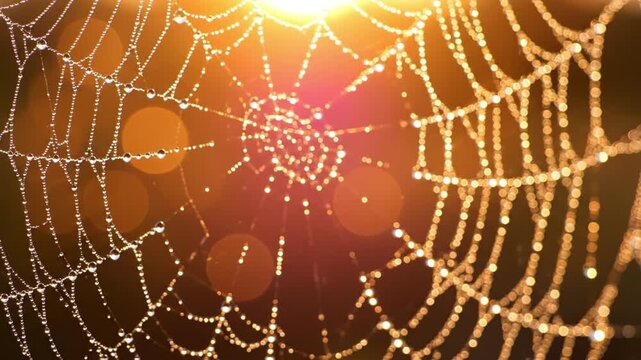 Dew covered spider web glistening warm golden sunlight, morning nature closeup reveals intricate delicate pattern with sparkling water droplets, peaceful serene atmosphere and natural beauty