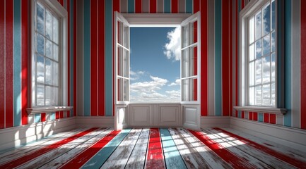 Room with a red, white, and blue striped wall and a large window. The room is empty and has a very open and airy feel