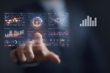 High-tech user interface with holographic dashboards showing customer journey, personalized marketing, online reviews, and real-time data analytics for digital commerce innovation.