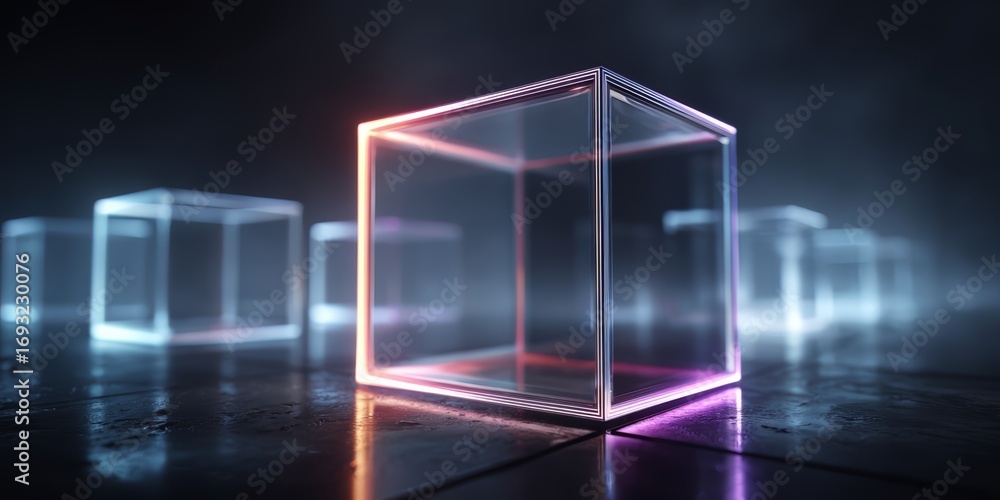 Poster series of cubes are lit up in neon colors, creating a futuristic and abstract atmosphere