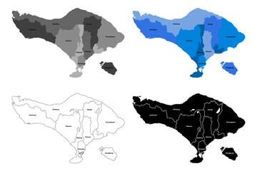 Bali Island Map Indonesia Vector Illustration with District and City Names, Detailed Administrative Boundaries, Colored, Black Silhouette and Line Art Styles, Editable EPS for Education Tourism and De