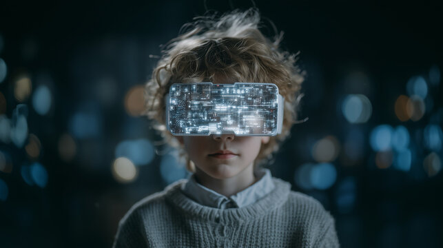 Child wearing VR headset at home, exploring immersive digital world with futuristic visual effects, symbolizing fun, imagination, and discovery through modern technology. child VR
