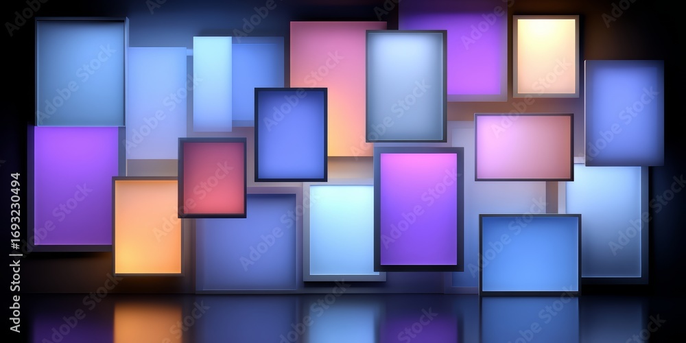 Poster wall of colorful squares with a blue square in the middle. the squares are all different colors and 