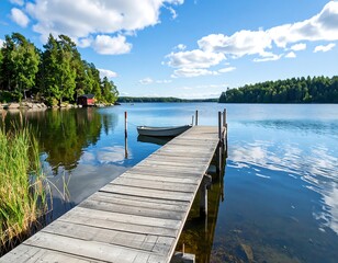 Serene lake view with wooden dock