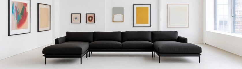 Minimalist Black Sectional Sofa with Art on White Wall, modern home ,interior design