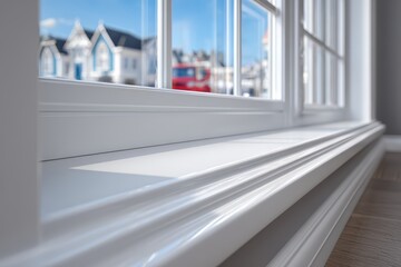 Window with a red bus in the background.