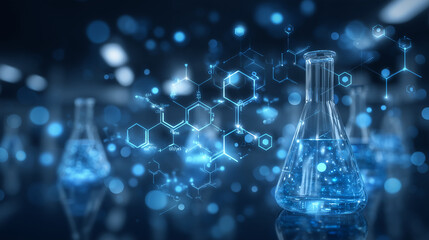 Scientific visualization of clean lab environment with beakers and pipettes, digital overlays highlighting toxic elements PFAS, lead, mercury, cadmium, symbolizing contamination as