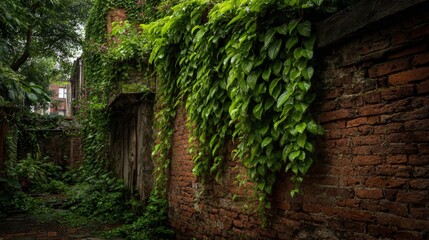 Overgrown Brick Wall With Lush Ivy
