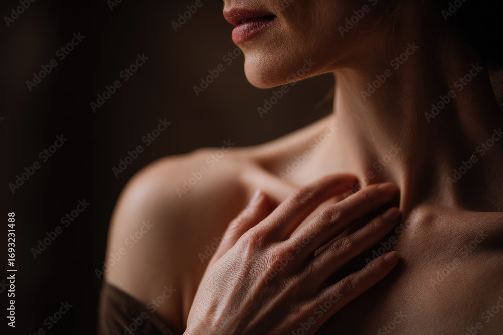 Poster close up of bare shoulders and hand gently touching collarbone, soft natural light highlights smooth