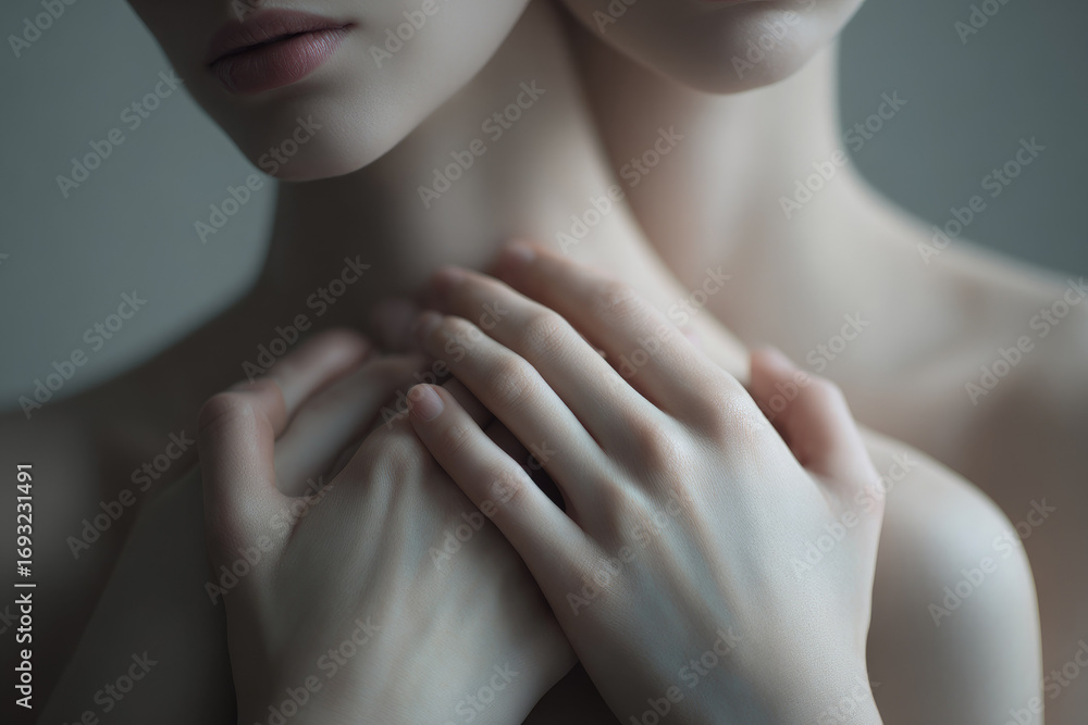 Poster soft hands gently touch bare shoulders and neck, creating intimate and serene mood with smooth skin 