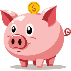 Cute pink piggy bank illustration with a gold dollar coin, symbolizing savings, personal finance, and investment for the future