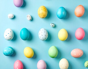 Colorful Easter eggs on a pastel blue background