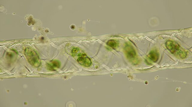 Microscopic View of Single Filamen Featuring Green Chloroplasts Spiraling Inside the Cell in Detailed Structure against Blurred Pale Background Perfect for Scientific and Educational Purposes